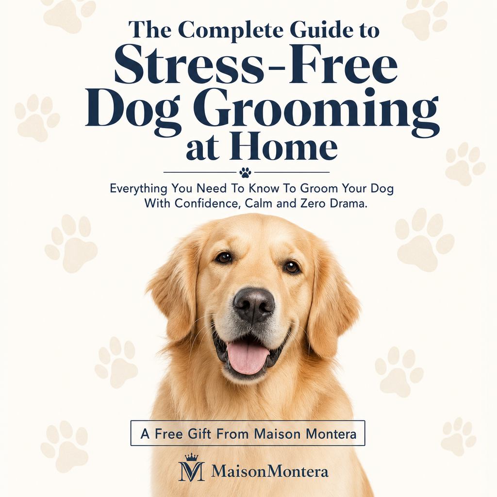 Book cover of 'The Complete Guide to Stress-Free Dog Grooming at Home' with a golden retriever and paw prints on a white background.